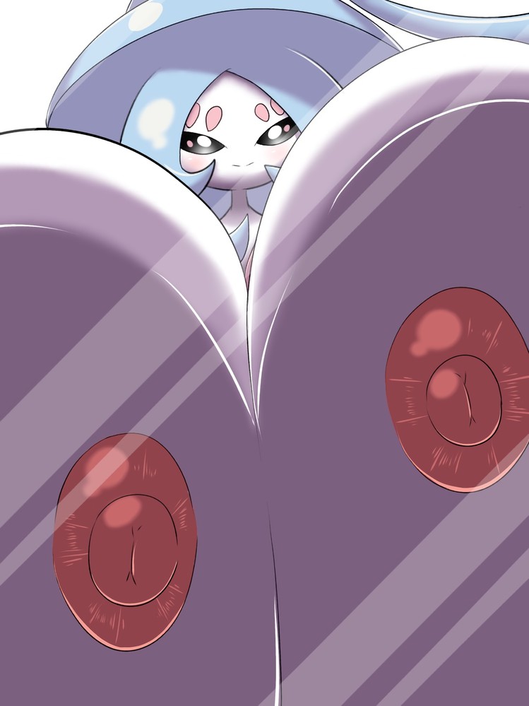 1girls, against glass, anthro, anthrofied, areolae, big breasts, black sclera, blush, breast press, breasts, breasts on glass, cleavage, eye contact, fairy, female, female only, gigantic breasts, glass, half-closed eyes, hatterene, huge breasts, hyper, hyper breasts, large breasts, long hair, looking at viewer, nintendo, nipples, norio (pheromosa times), pokemon, pokemon (species), pokemon ss, simple background, white background