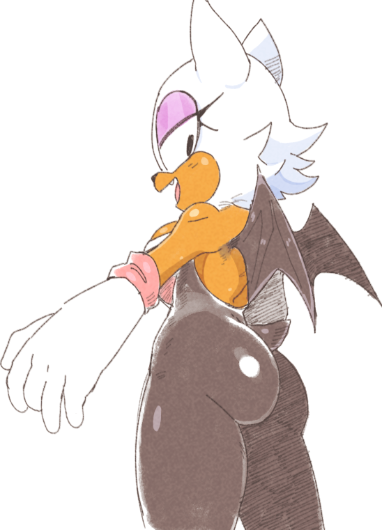 2017, anthro, ass, bat, bat wings, black clothing, black eyes, breasts, chiropteran, clothing, eyeshadow, female, fur, gloves, handwear, inkerton-kun, inkuusan, makeup, male, mammal, membrane (anatomy), membranous wings, purple eyeshadow, rouge the bat, simple background, solo, sonic (series), tail, tan body, tan skin, tight clothing, white background, white body, white fur, wings