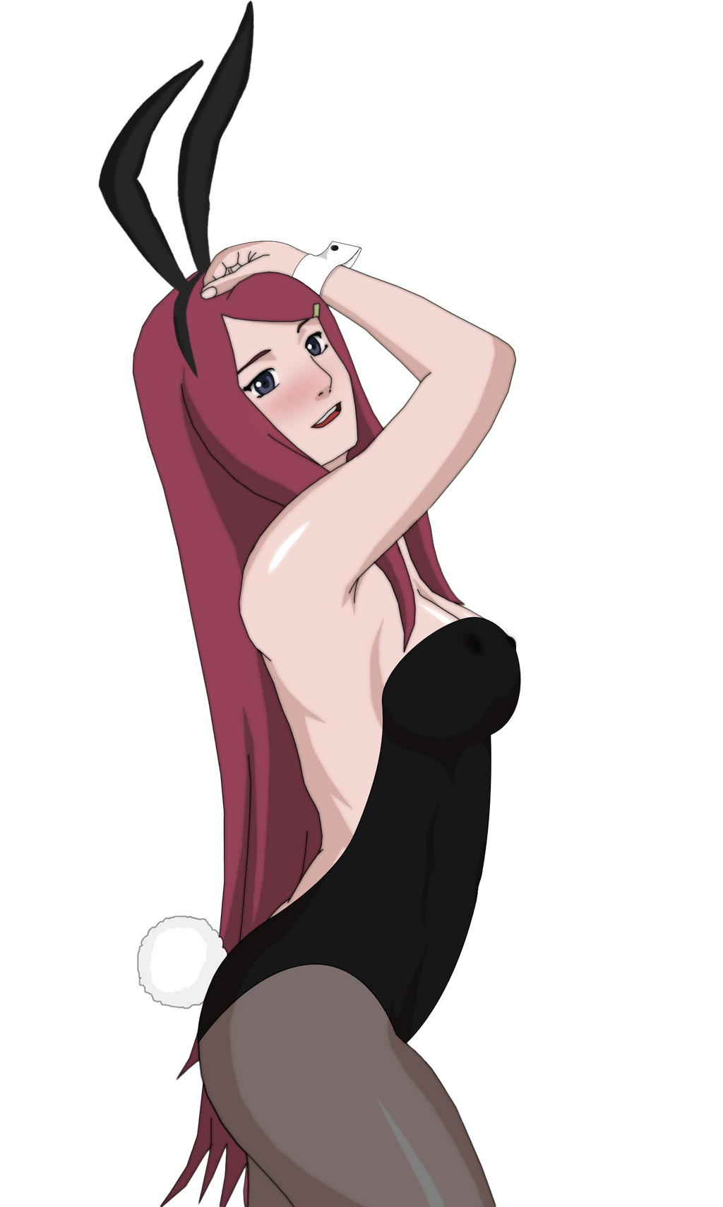 1girls blurry blush breasts bunnysuit c-shape curvy female female_only hair large_breasts long_hair naruto png posing red_hair side_view solo standing transparent_background uzumaki_kushina