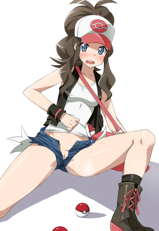 blush boots brown_hair denim denim_shorts female female_only game_freak hilda_(pokemon) human laced_boots nintendo no_panties no_panties_under_shorts open_pants pantyless pokeball pokemon pokemon_bw pussy shorts solo uncensored white_background yokaze_japan