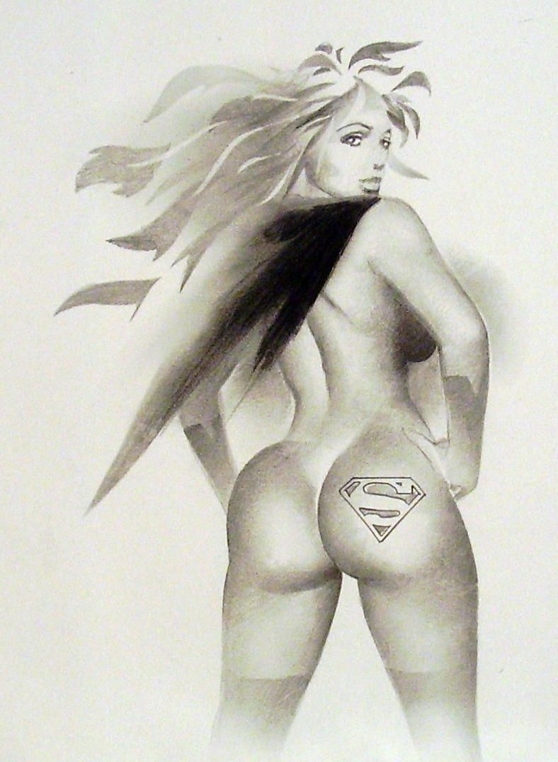 1girls ass bare_shoulders big_ass bottomless cape dat_ass dc female female_only hands_on_hips long_hair looking_back monochrome shelton_bryant sideboob sketch solo supergirl superman_(series) tagme topless