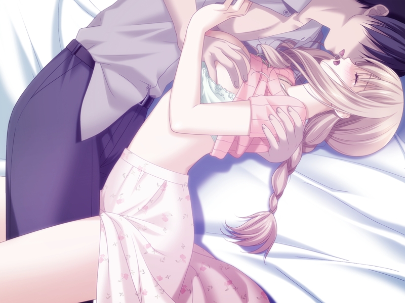 bed blush breast_grab breasts kissing kissing mukai_yumiko nami_no_manimani peko shirt_lift