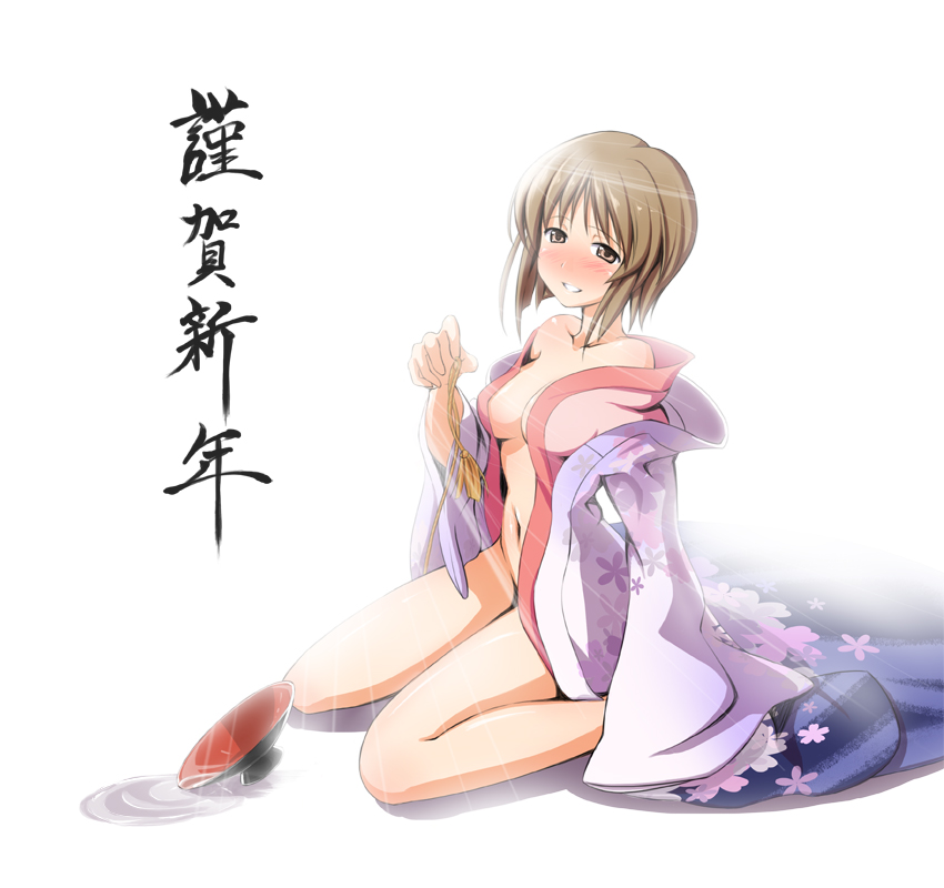 1girls brown_eyes brown_hair chihaya_72 cup cups drunk idolmaster japanese_clothes japanese_text kimono kneeling new_year open_clothes open_kimono open_shirt sakazuki sake shirt short_hair solo text translated yukiho_hagiwara