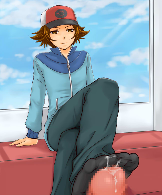censored, crossed legs, cum, feet, female, footjob, footjob with legwear, footwear, hilbert (pokemon), human, human only, male, mosaic censoring, penis, pokemon, pokemon (game), pokemon bw, precum, sitting, sockjob, socks, yaoi