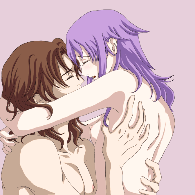 anew_returner blush breasts brown_hair closed_eyes couple flat_chest gundam gundam_00 hug innovator lockon_stratos lyle_dylandy nipples purple_hair short_hair topless