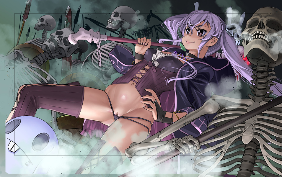 black_legwear black_panties blush bunny_hair_ornament choker corset erect_nipples female hair_ornament hand_on_hip long_hair lowleg lowleg_panties memento_(sennen_sensou_aigis) navel nipples panties purple_eyes purple_hair pussy_peek sasayuki sennen_sensou_aigis skeleton skull_hair_ornament small_breasts smile solo staff thighhighs tied_hair twintails underwear