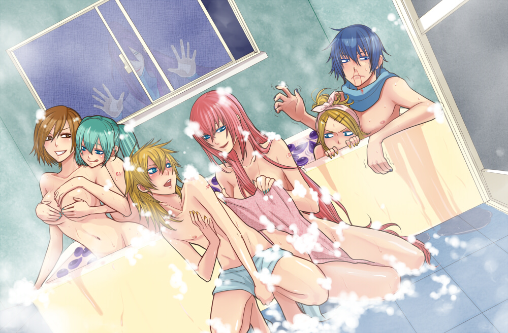 3boys 4girls :q bath bathing bathroom bathtub blood blush breast_grab breasts color covering covering_crotch dutch_angle eggplant everyone family female femdom gakupo_kamui groping groping_breasts groping_from_behind group hatsune_miku homosexual indoors jealous kagamine_len kagamine_rin kaito_(vocaloid) large_breasts looking_back luka_megurine meiko mixed_bathing multiple_boys multiple_girls naked_scarf nayu nosebleed nude on_floor scarf smile squatting stalking steam straight towel vocaloid voyeurism wet when_you_see_it window yuri