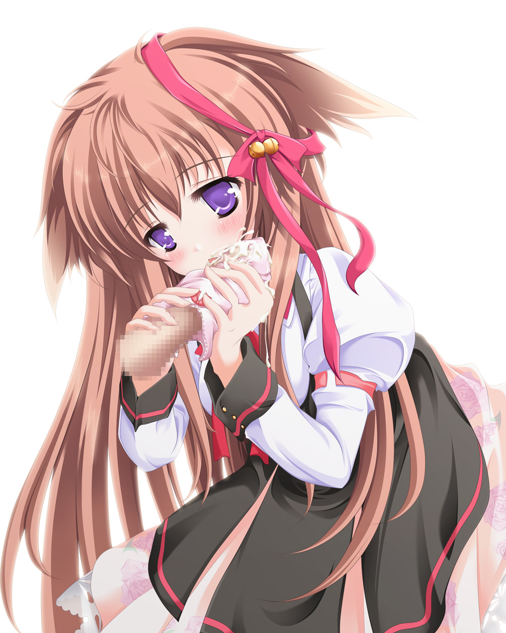 artist_request bell blue_eyes blush brown_hair censored cum fellatio hair_ribbon highres itsuki_(spitbreak) jingle_bell kissing long_hair mito_mashiro open_mouth oral penis ribbon tayutama