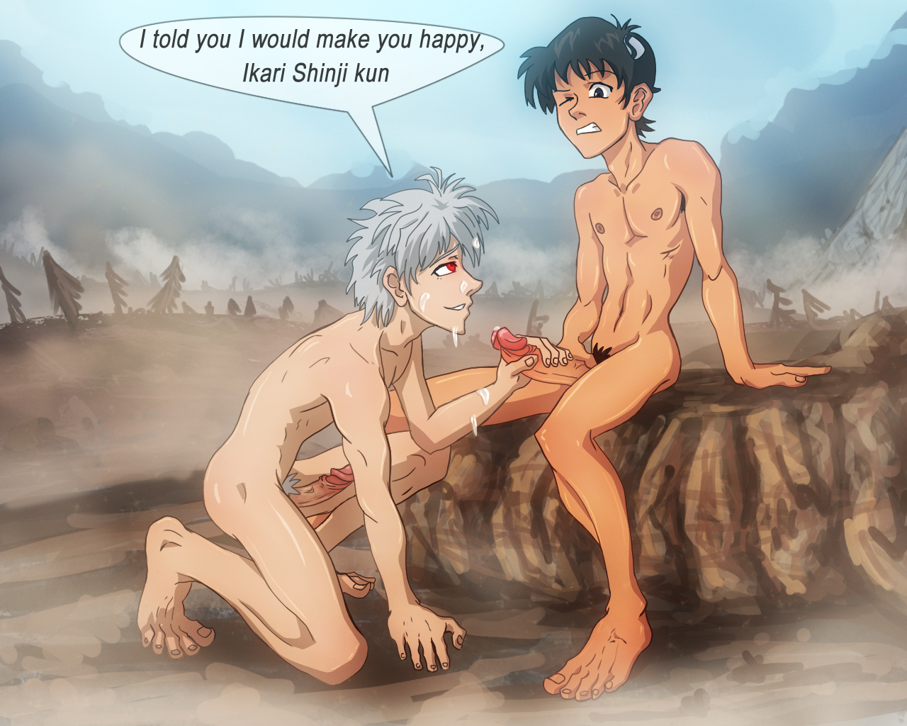 2boys, anma, barefoot, cum, english, feet, foreskin, fully retracted foreskin, gay, handjob, kaworu nagisa, male, male only, muscles, neon genesis evangelion, nude, penis, pubic hair, red eyes, retracted foreskin, shinji ikari, uncensored, uncircumcised, yaoi