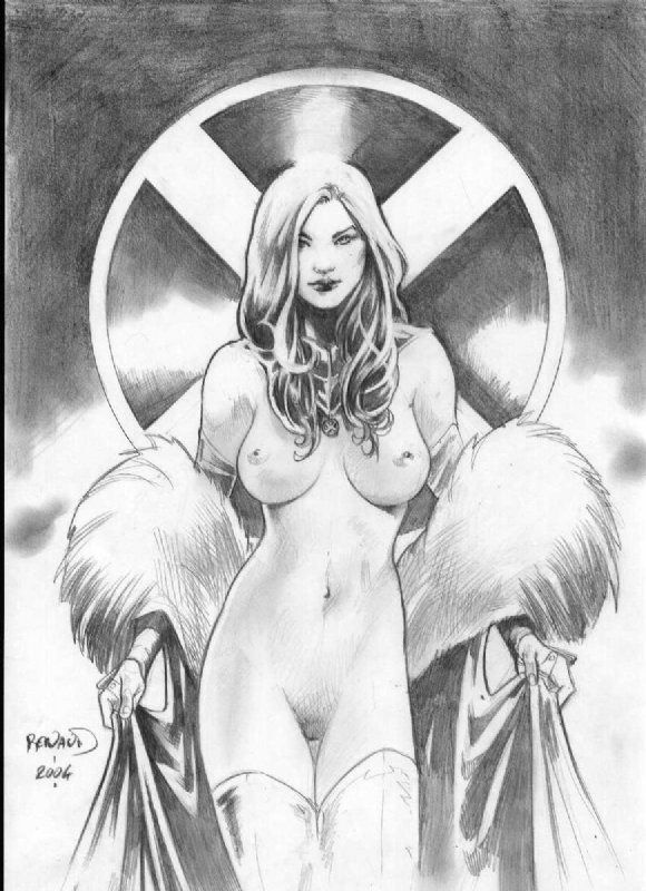 2004 breasts clothing cowboy_shot emma_frost female female_only front_view greyscale human legwear light_clothing light_hair light_legwear light_skin long_hair looking_at_viewer marvel marvel_comics medium_eyes monochrome nipples partially_clothed paul_renaud pinup pussy realistic solo standing straight_hair tagme traditional_media_(artwork) white_queen x-men