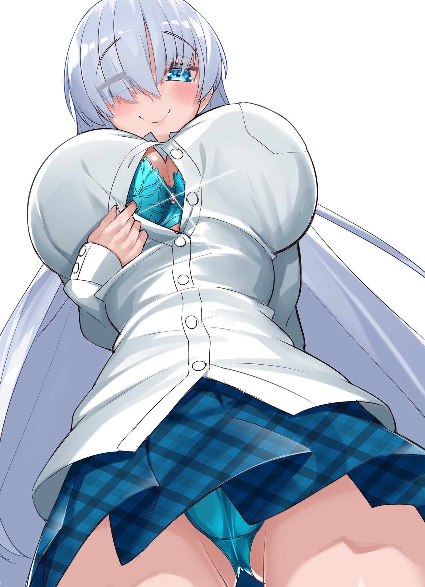 1girls, anastasia (fate), blue eyes, bra, breasts, fate (series), fate/grand order, female, hair over one eye, hands behind back, huge breasts, long hair, looking at viewer, looking down, miniskirt, panties, school uniform, schoolgirl, unbuttoned shirt, watosu (watosu mama), white hair