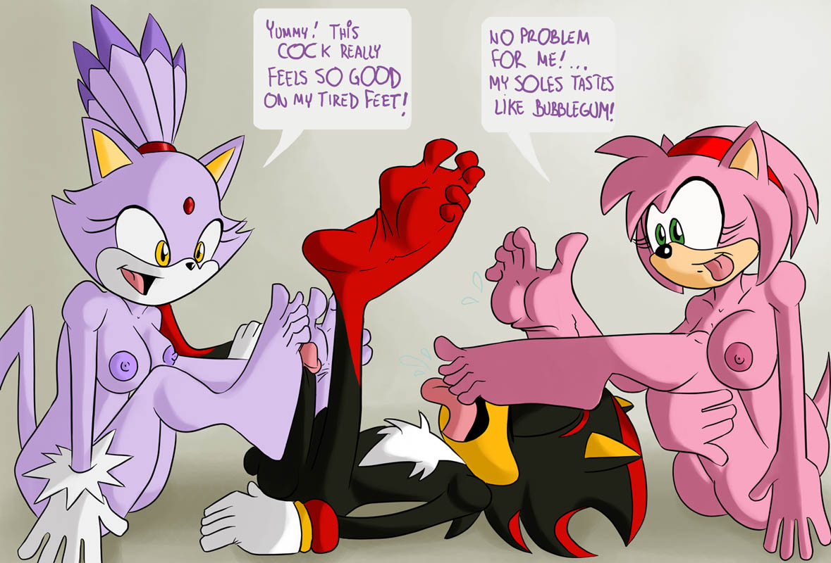 1boy 2girls amy_rose blaze_the_cat english_text female foot_fetish foot_focus foot_lick foot_worship footjob furry jinkslizard male multiple_girls penis shadow_the_hedgehog sonic_(series) text