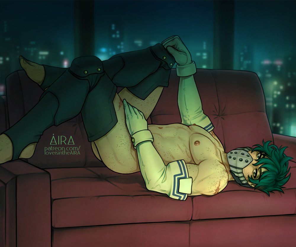 1boy airaloversinthe couch face_mask freckles gloves izuku_midoriya leggings loveisintheaira male_only my_hero_academia scar tasteful_nudity