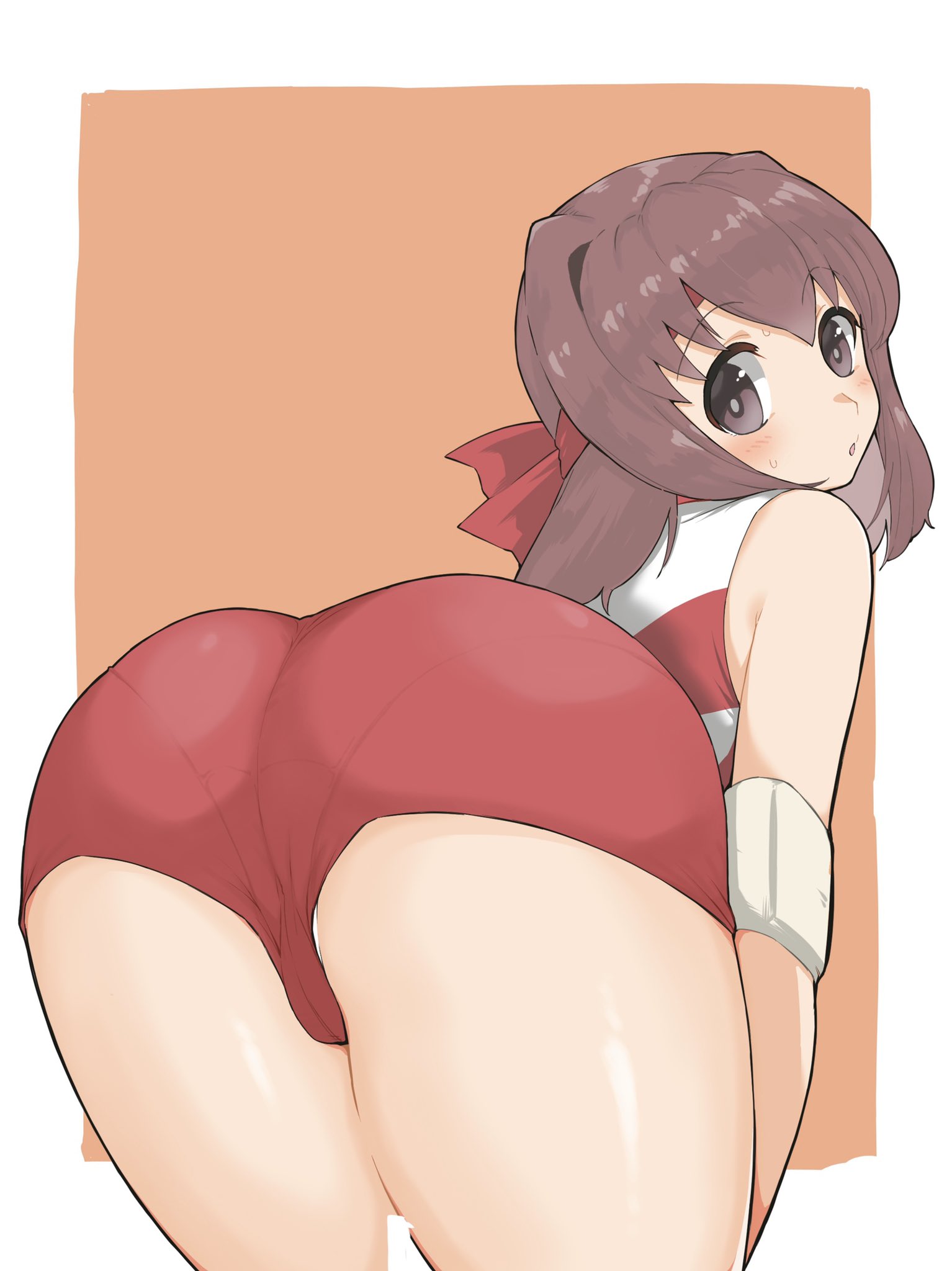 :o, ass, bangs, bent over, blush, brown eyes, brown hair, elbow pads, eyebrows visible through hair, facing viewer, female, girls und panzer, hair intakes, headband, high resolution, kondou taeko, looking at viewer, looking back, medium hair, open mouth, orange background, outside border, pantsu, panty peek, pantylines, presenting hindquarters, red headband, red shirt, red shorts, shirt, short shorts, shorts, skindentation, sleeveless, sleeveless shirt, solo, sportswear, standing, sweatdrop, underwear, volleyball uniform, yabai gorilla
