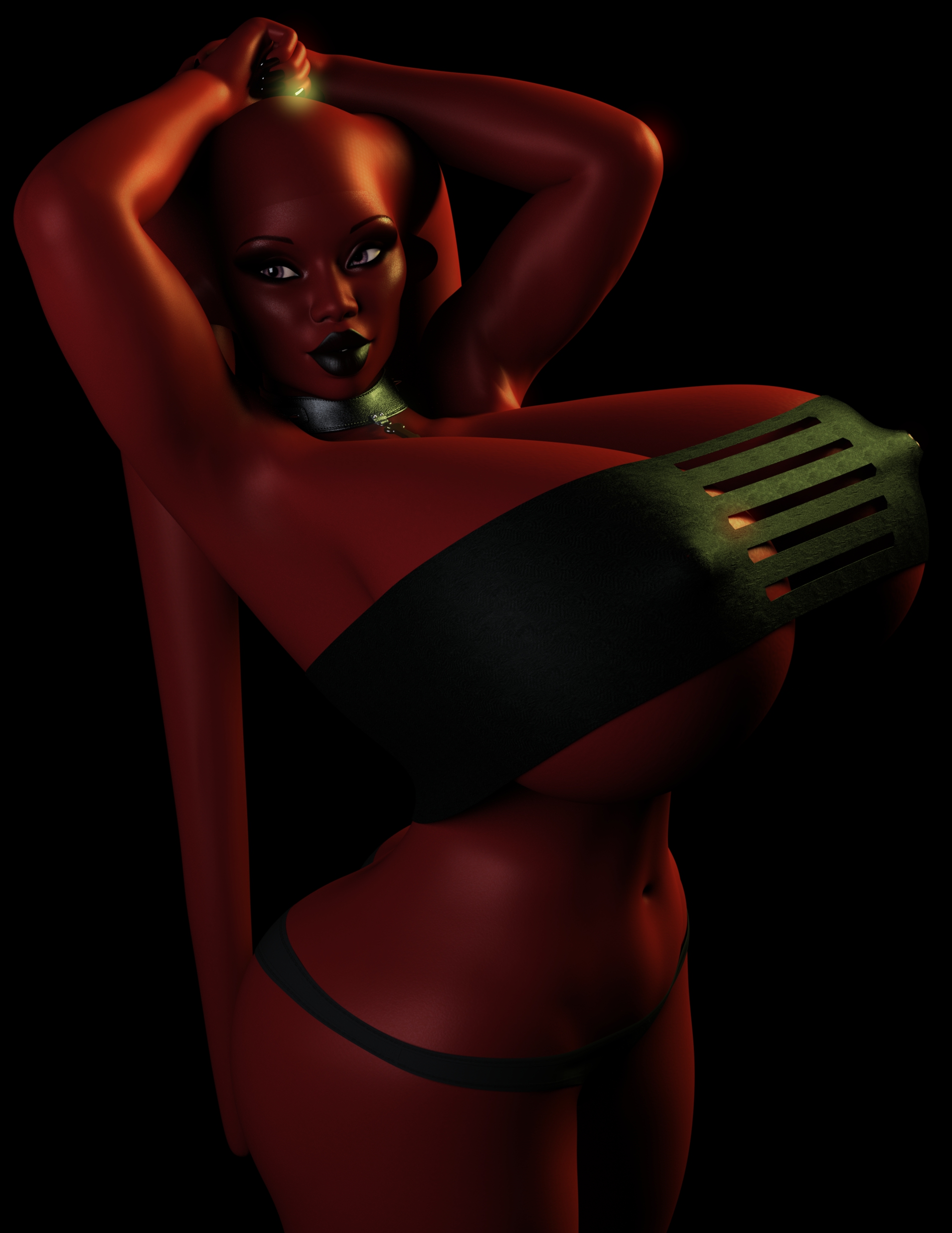 1girls, 3d, alien, alien girl, bald, bare shoulders, big breasts, bimbo, breasts, busty, choker, cleavage, curvy, detailed background, erect nipple, erect nipples, evolluisionist, eyelashes, female, female only, front view, headgear, hourglass figure, humanoid, lekku, looking at viewer, mammal, midriff, nipple bulge, nipples, original character, pants, pose, posing, purple eyes, red skin, shiny, shiny skin, simple background, solo, standing, star wars, thick lips, thong, twi'lek, underboob, voluptuous, wide hips