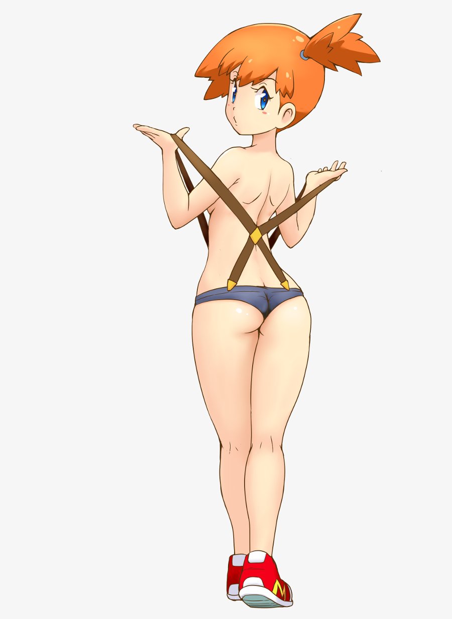 1girls ass back blush butt butt_crack eye_contact fit human kasumi_(pokemon) legs_together looking_at_viewer looking_back nintendo orange_hair pokemon pokemon_rgby shoes short_hair shorts sideboob smile suspenders tof topless