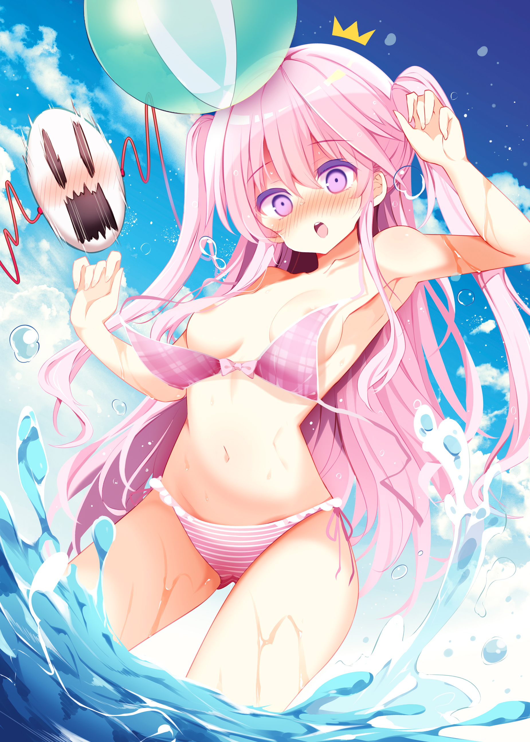 alternative hairstyle, areolae, armpits, ball (object), bangs, bare arms, bare shoulders, beachball, bikini, blue sky, blush, bow bikini, breasts, clavicle, cloud, colored eyelashes, commission, cowboy shot, day, eyebrows visible through hair, female, hair between eyes, hand up, hata no kokoro, head tilt, high resolution, long hair, looking at viewer, mask, maturiuta sorato, navel, nose blush, one arm up, outdoors, partially submerged, pink bikini, pink hair, purple eyes, sidelocks, sky, small breasts, solo, standing, stomach, summer, swimsuit, thighs, touhou, two side up, untied, untied bikini, very high resolution, wading, wardrobe malfunction, water, wet