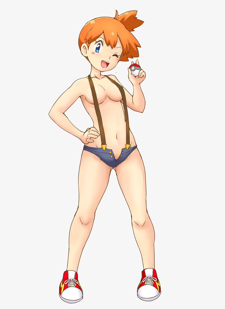 1girls abs blush breasts covered_nipples eye_contact fit human kasumi_(pokemon) looking_at_viewer nintendo orange_hair poke_ball pokemon pokemon_rgby shoes short_hair shorts smile suspenders thigh_gap tof topless