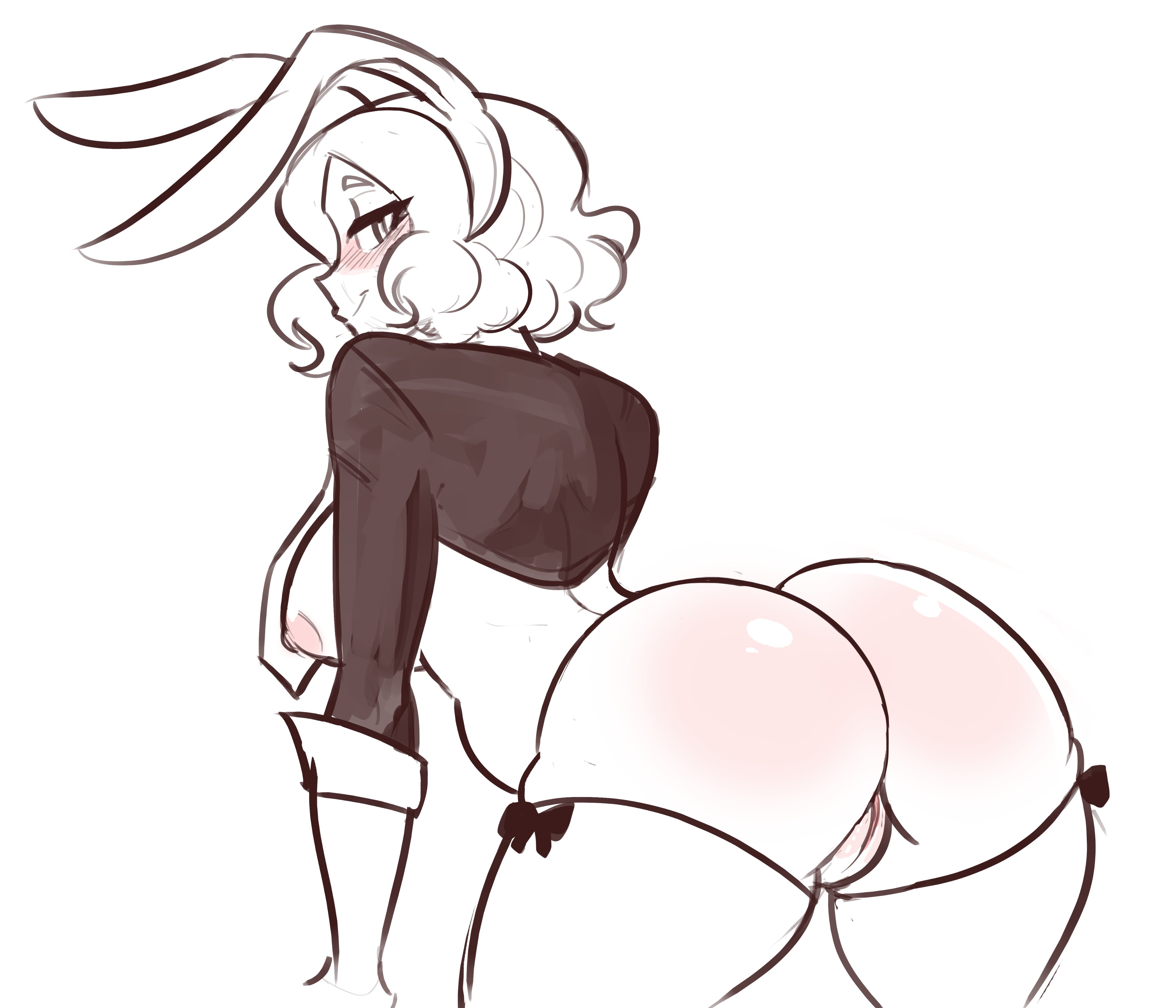 1girls, ass, atlus, blush, breasts, bunny ears, bunnysuit, female, haru okumura, looking back, monochrome, persona, persona 5, reverse bunnysuit, scruffyturtles, short hair, sideboob, smug, solo, thighhighs