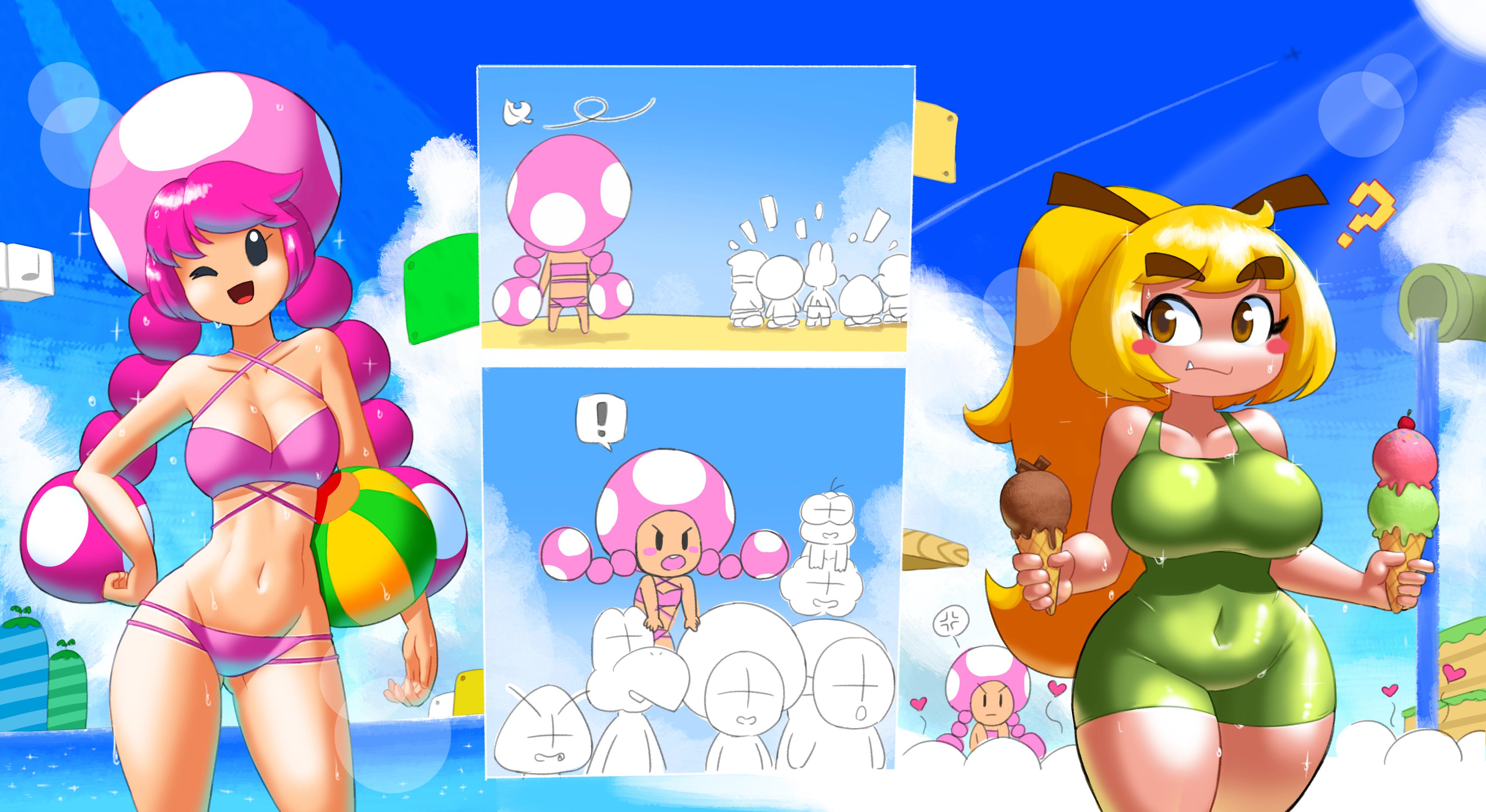 2girls, beach, beach ball, bikini, black eyes, blonde hair, breasts, brown eyes, cameltoe, cleavage, cloud, eyebrows visible through hair, female, female focus, food, goomba, goombella, humanized, humanoid, ice cream, large breasts, long hair, mario (series), minus8, navel, nintendo, one eye closed, one-piece swimsuit, outdoors, paper mario, paper mario: the thousand-year door, pink hair, pussy, sky, standing, swimsuit, thick thighs, thighs, toadette, wide hips