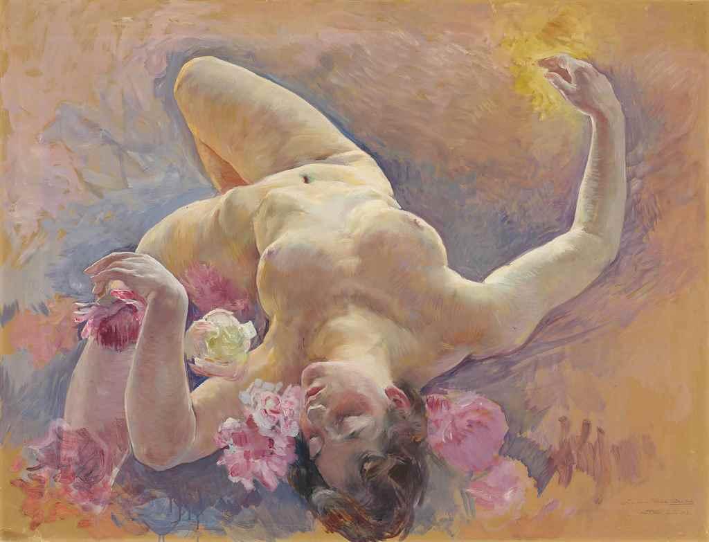 ernest_bieler female female_only fine_art flower flowers oil oil_painting painting_(artwork) straight_hair traditional_media_(artwork) upside-down