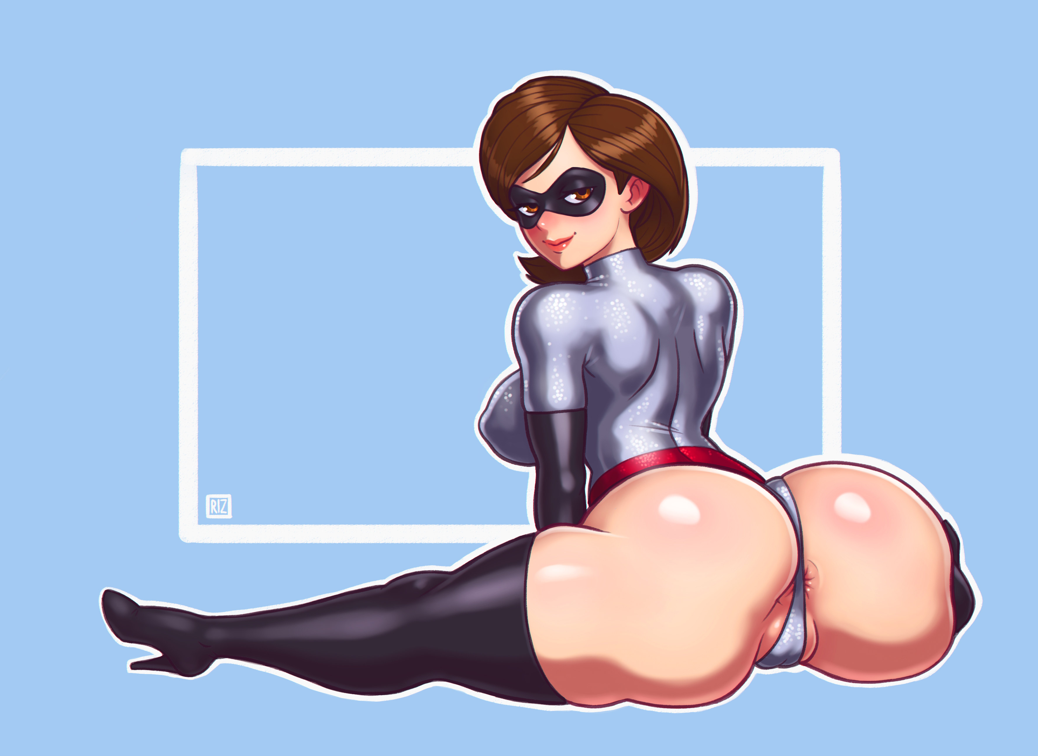 2020, alternate costume, anus, armwear, ass, big ass, big breasts, breasts, brown hair, cameltoe, clothing, disney, domino mask, elastigirl, elastigirl (the incredibles 2 supersuit), eyewear, female, female focus, female only, footwear, handwear, helen parr, legwear, leotard, mask, partially visible anus, partially visible vulva, pixar, pussy, rizdraws, smooth skin, solo, spread legs, superheroine, the incredibles, the incredibles 2, thighhighs, thong, thong over anus