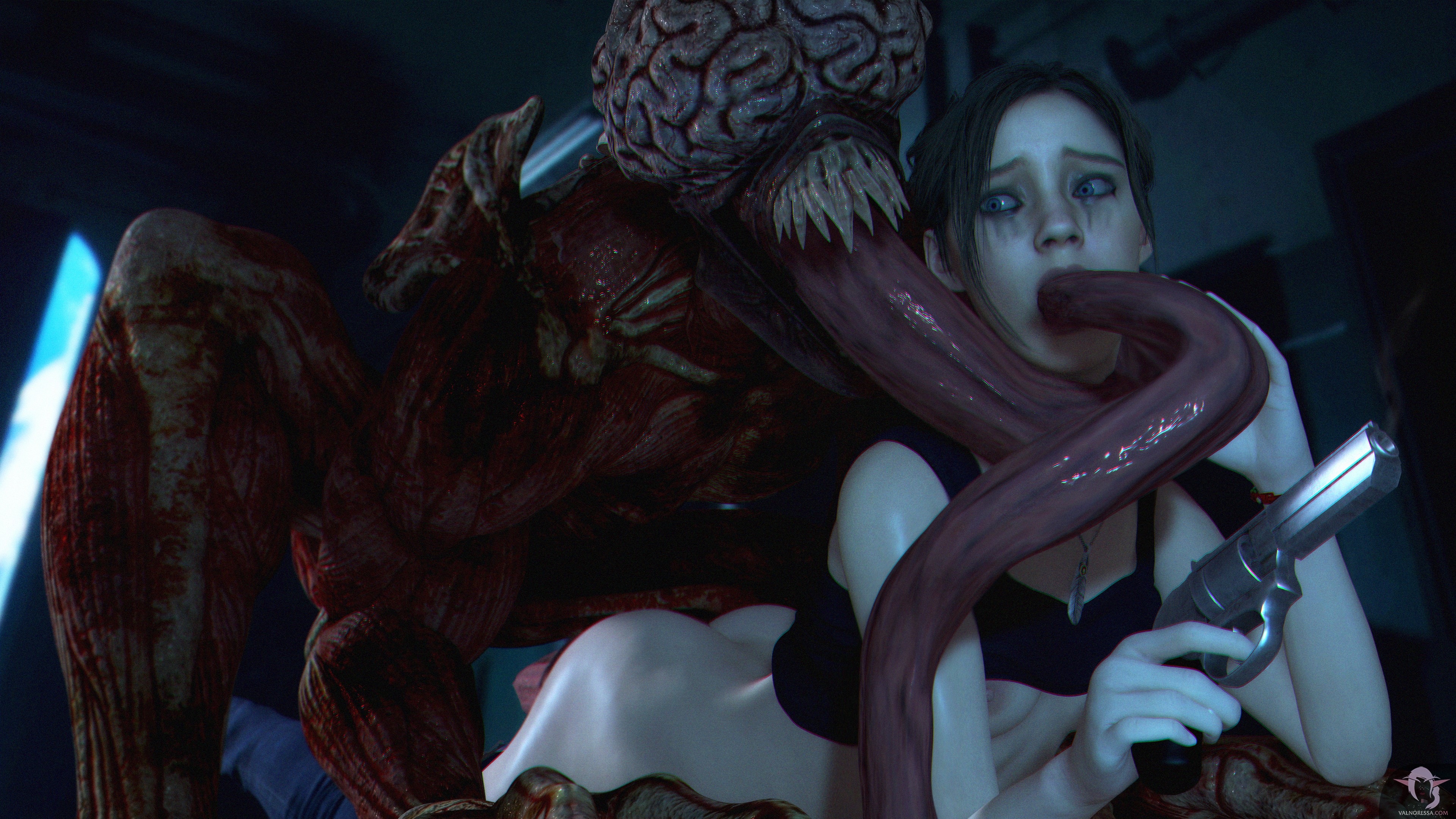 1girls, 1monster, 3d, ambiguous gender, anal, anal sex, biohazard, bottomless, breasts, brown hair, claire redfield, clothing, crying, crying with eyes open, defeated, defeated heroine, double penetration, extreme french kiss, female, female human, firearm, forced kiss, from behind, gun, handgun, human, interspecies, kissing, kissing while penetrated, licker (resident evil), long hair, long tongue, monster, monster rape, open mouth, partially clothed, penetration, penis, rape, resident evil, resident evil 2, resident evil 2 remake, revolver, scared, sex, shirt, shirt lift, size difference, smaller female, spitroast, spread legs, tears, tentacle, teratophilia, text, tongue, tongue out, valnoressa, watermark, weapon, wide eyed