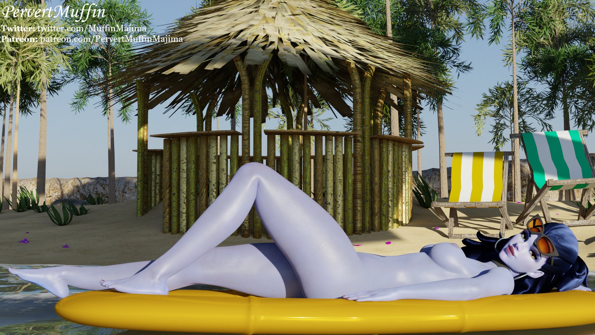 1girls, 3d, beach, blender, blue hair, blue skin, breasts, cote d'azur widowmaker, feet, female, female only, laying, looking at viewer, lying, lying down, lying on back, nude, nude female, overwatch, pervertmuffinmajima, red toenails, side view, smile, solo, solo female, sunbathing, sunglasses, sunglasses on head, widowmaker
