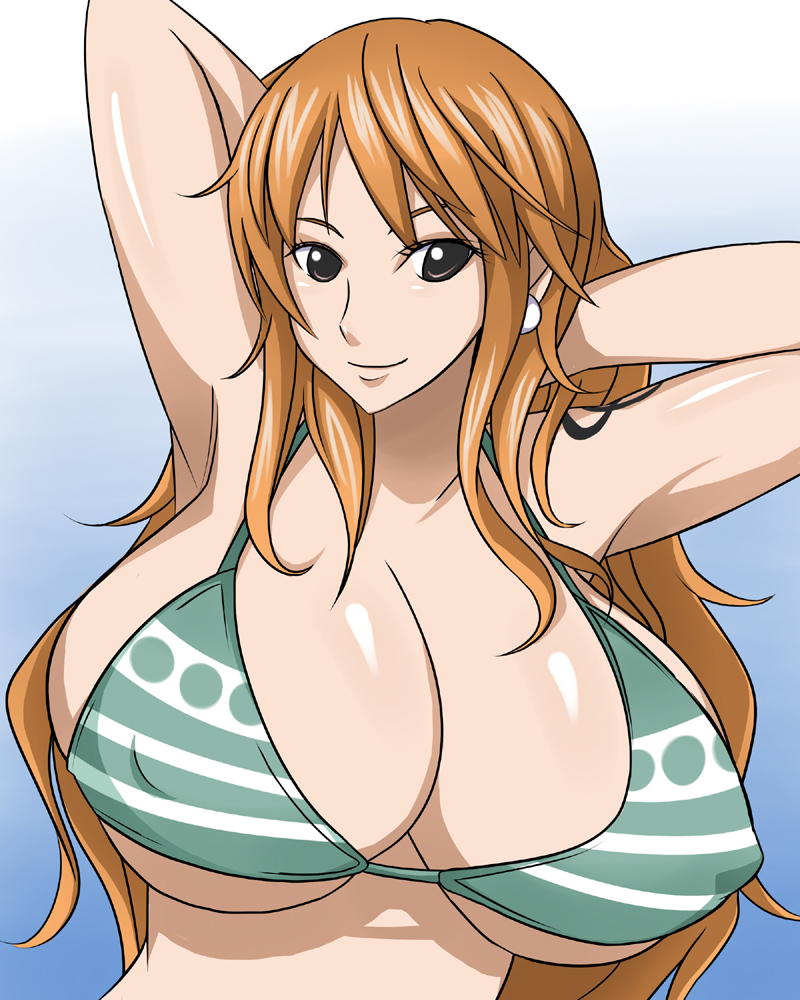 1girls, arm tattoo, bare shoulders, big breasts, bikini, bikini top, blue tattoo, breasts, busty, cleavage, curvy, ear piercing, earrings, erect nipple, erect nipples, eyelashes, female, female only, front view, hourglass figure, human, long hair, looking at viewer, nami (one piece), nipple bulge, nipples, one piece, orange hair, orange-haired female, otogi tetsurou, piercing, pose, posing, post-timeskip, shiny, shiny skin, shounen jump, simple background, solo, striped bikini, tattoo, underboob, voluptuous, wide hips
