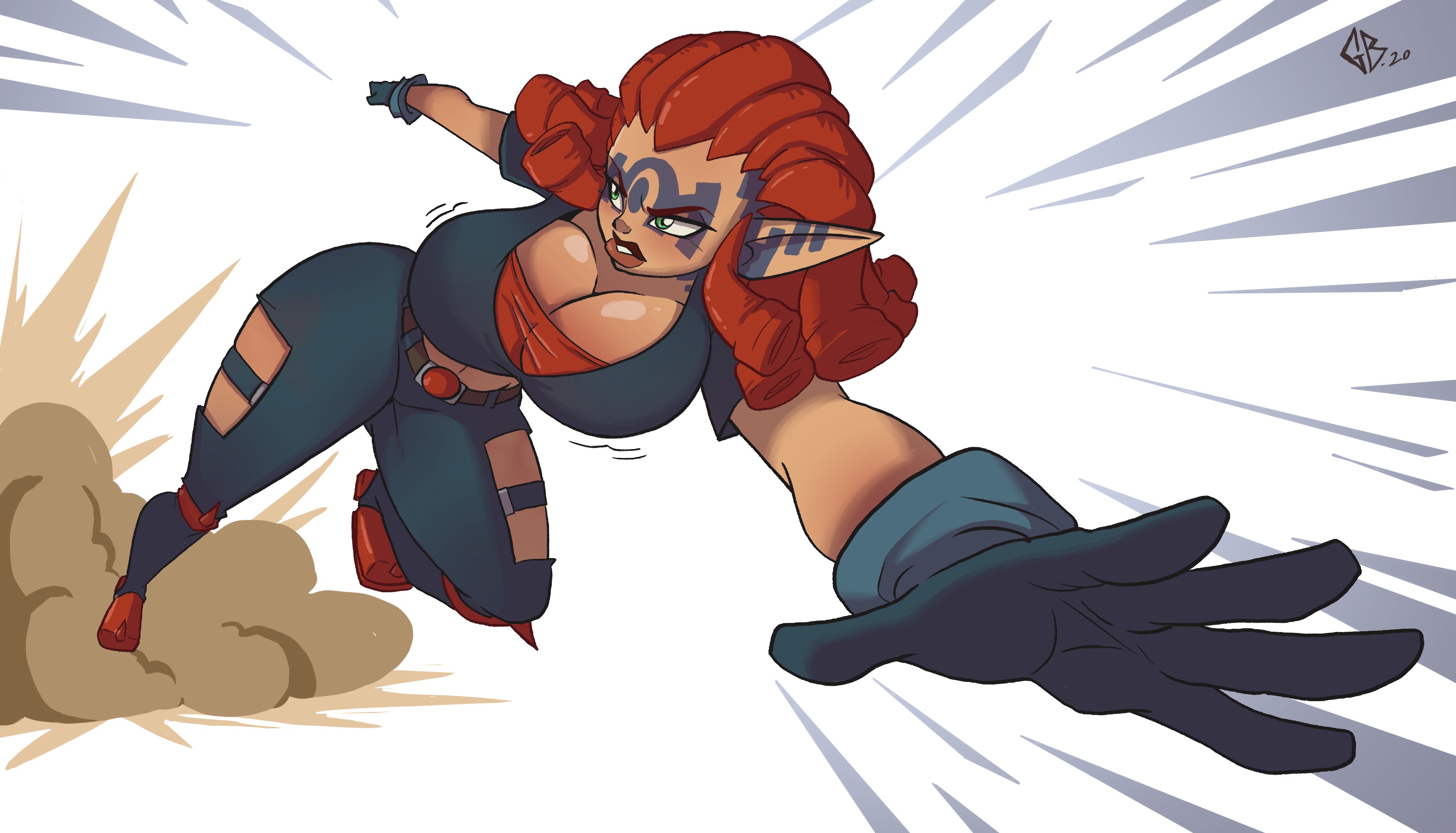 action pose, ashelin praxis, belt, belt buckle, big breasts, big ears, boots, bouncing breasts, breast jiggle, breasts, cleavage, curvaceous, curvy, curvy figure, dark lips, dark lipstick, dark skin, dark-skinned female, dreadlocks, explosion, face tattoo, female, female focus, female only, gewd-boi, gloves, green eyes, hourglass figure, jak and daxter, jiggle, knee pads, large breasts, lips, lipstick, long ears, looking away, looking to the side, midriff, pants, perspective, red hair, revealing clothes, solo, solo female, solo focus, spikes, tattoo, tattoos, thick, thick thighs, thighs, tight clothing, voluptuous