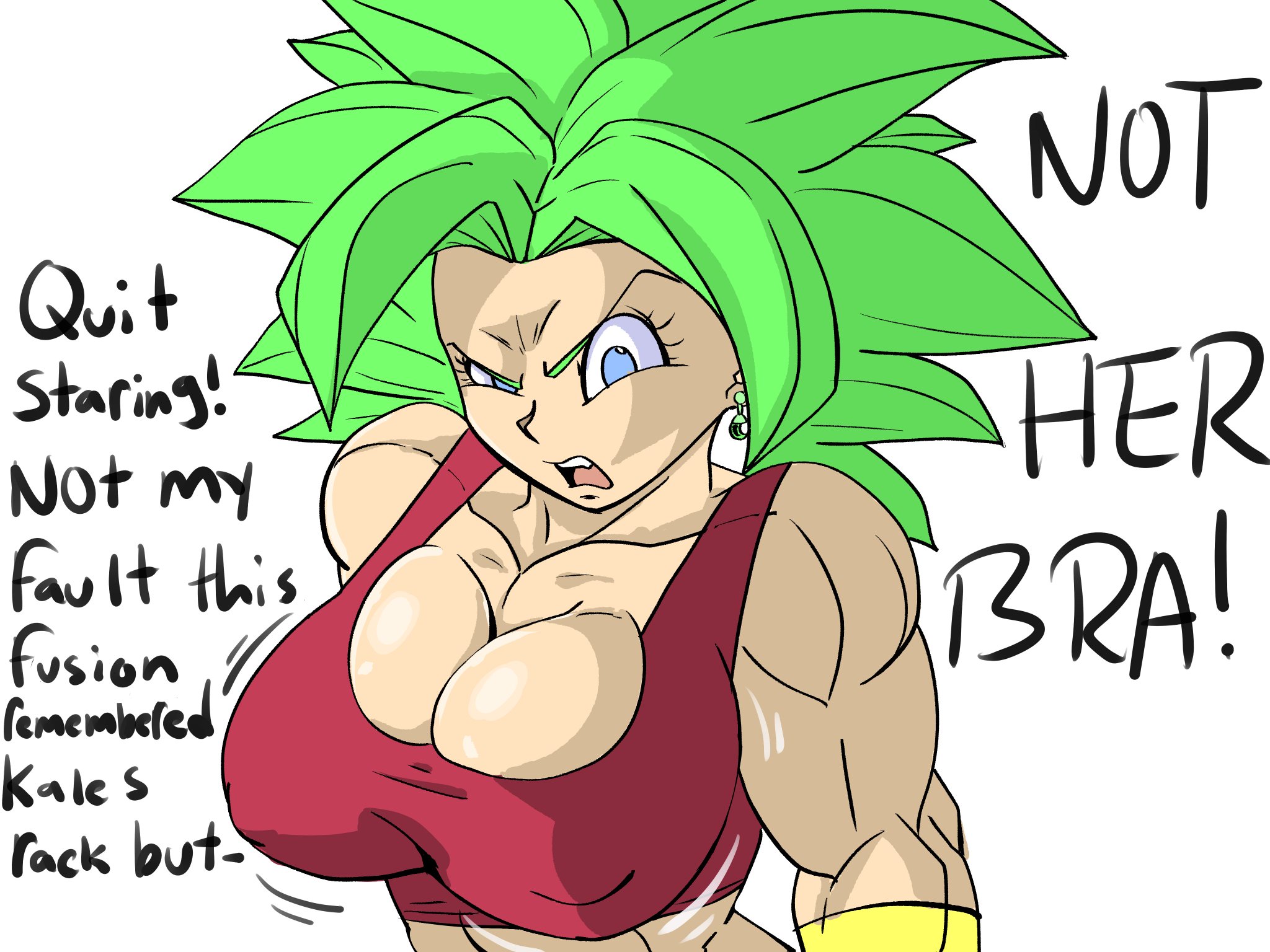 1girls, angry, big breasts, breasts, dragon ball, dragon ball super, earrings, female, female saiyan, fusion, green eyes, green hair, huge breasts, kefla, legendary super saiyan, light skin, light-skinned female, muscular, muscular female, nipple bulge, potara earrings, pseudocel, saiyan, short hair, spiky hair, super saiyan, super saiyan 2, universe 6 saiyan/universe 7 saiyan, universe 6/universe 7