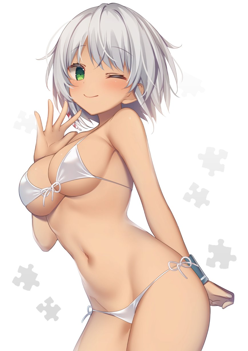 1girls abs armpits bangs bikini blush breasts closed_mouth eyebrows_visible_through_hair female green_eyes hand_on_chest hand_on_own_chest high_resolution looking_at_viewer miko_92 navel one_eye_closed puzzle_piece ribbon short_hair side-tie_bikini silver_hair simple_background smile solo source_request stomach sweatband swimsuit underboob white_background white_bikini white_ribbon white_swimsuit wink yonamine_jun