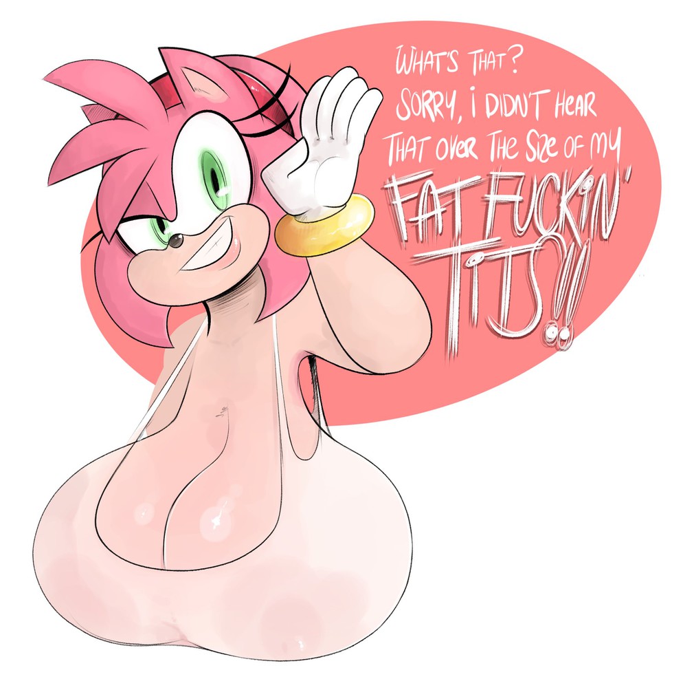 1girls, amy rose, big areola, big breasts, big nipples, bracelet, breasts, female, female only, furry, green eyes, hedgehog, huge breasts, hyper breasts, large breasts, nipples visible through clothing, ota (artist), pink fur, pink hair, pink skin, sagging breasts, see-through, see-through clothing, sega, smile, solo, sonic (series), text