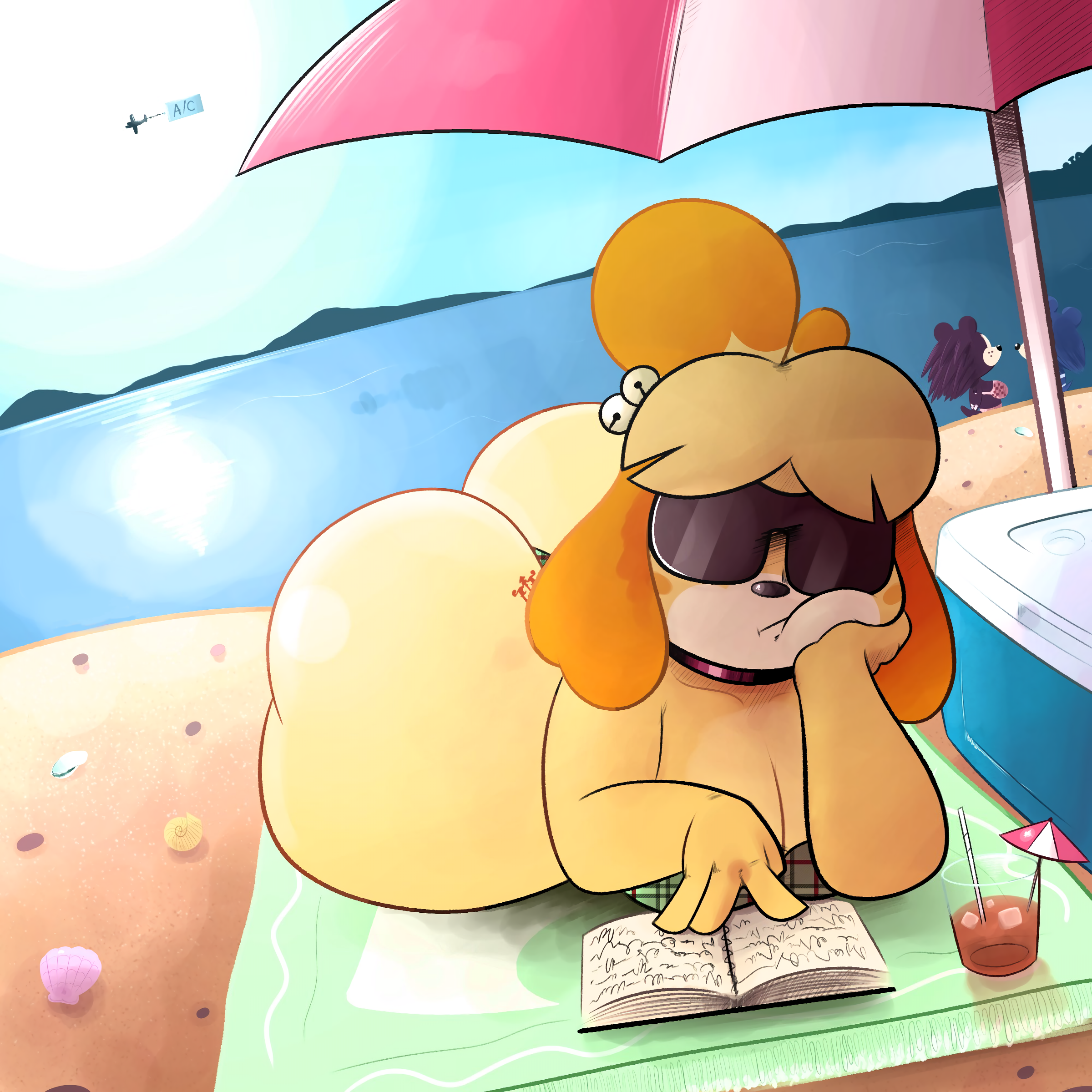 :<, 1:1 aspect ratio, 1girls, aircraft, airplane, alcohol, animal crossing, anthro, arm support, ass, beach, beach towel, beach umbrella, bikini, bikini thong, book, breasts, canid, canine, canis, cleavage, clothing, cooler, curvaceous, day, domestic dog, drink, eulipotyphlan, eyewear, female, female focus, floppy ears, furry, gigantic ass, group, hedgehog, high resolution, huge ass, isabelle (animal crossing), large breasts, lens flare, lying, mammal, nintendo, on front, on stomach, ota (artist), plump, reading, seaside, shih tzu, solo focus, sun, sunglasses, swimsuit, tattoo, thick thighs, thighs, towel, toy dog, umbrella, very high resolution, video game, voluptuous, wide hips