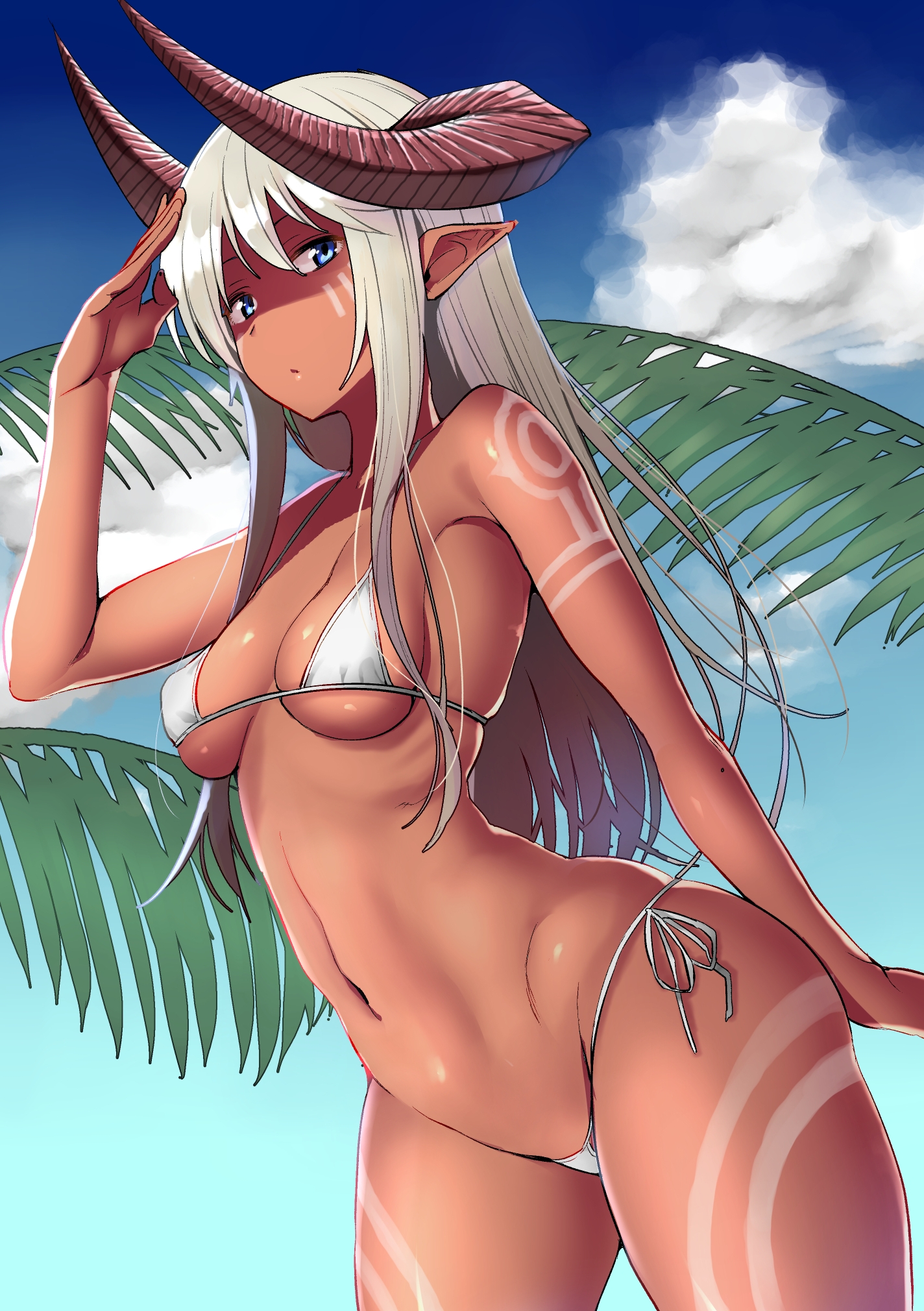 1girls, abs, amano don, arm at side, arm tattoo, armpits, bikini, blue eyes, blue sky, breasts, clavicle, cleavage, cloud, cowboy shot, dark skin, dark-skinned female, day, female, high resolution, horns, long hair, looking at viewer, medium breasts, navel, one arm up, original, outdoors, palm leaf, pointed ears, ribbon, shaded face, shiny, shiny skin, side-tie bikini, sidelocks, sky, solo, source request, standing, stomach, summer, swimsuit, tattoo, underboob, very long hair, white bikini, white ribbon, white swimsuit