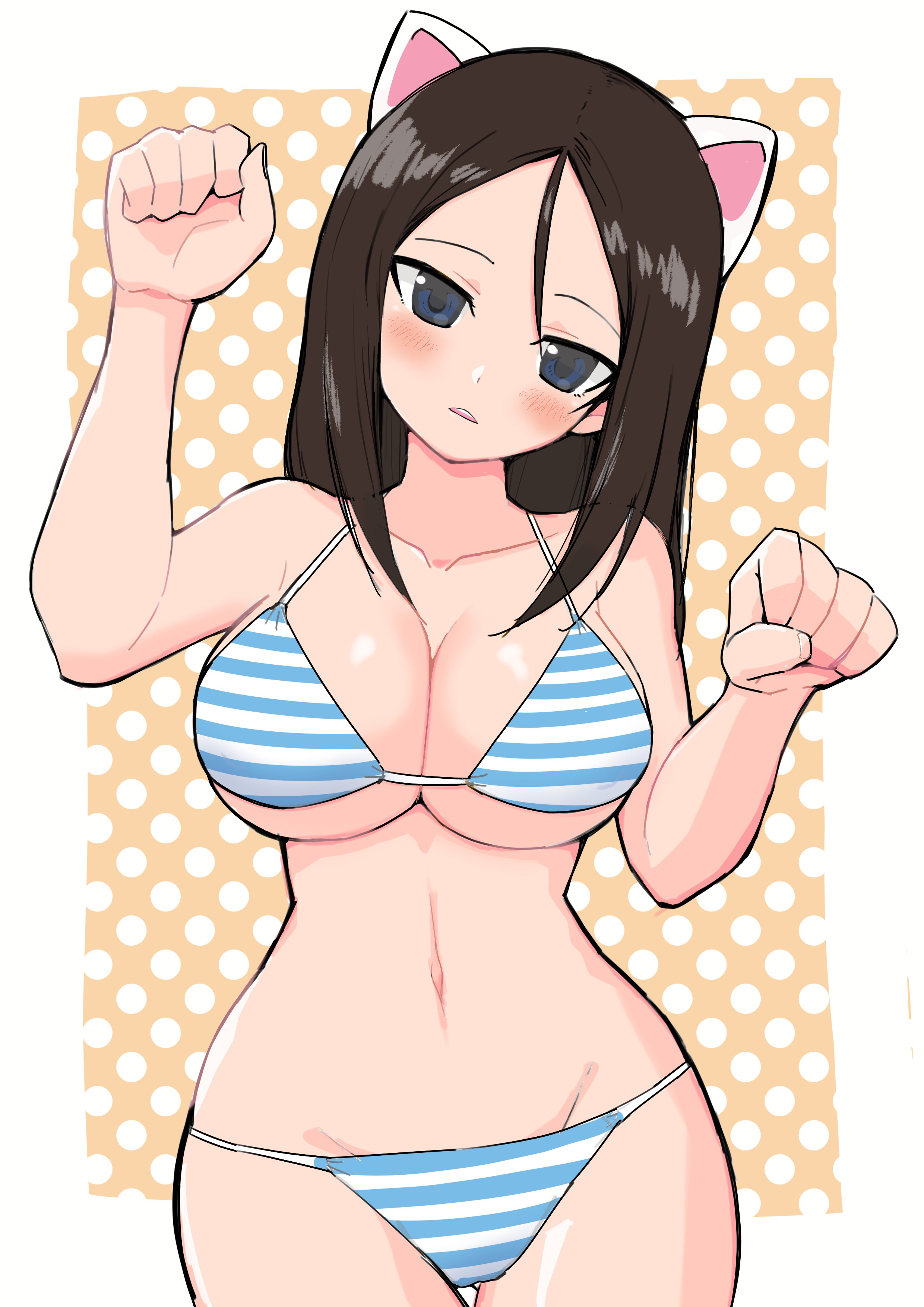 animal ears, arms up, ass visible through thighs, bangs, bikini, black hair, blue bikini, blue eyes, blush, breasts, cowboy shot, fake animal ears, female, girls und panzer, head tilt, high resolution, large breasts, light frown, long hair, looking at viewer, navel, nekomimi, nonna (girls und panzer), orange background, outside border, parted lips, paw pose, polka dot, polka dot background, solo, standing, string bikini, striped bikini, swept bangs, swimsuit, thigh gap, very high resolution, yabai gorilla