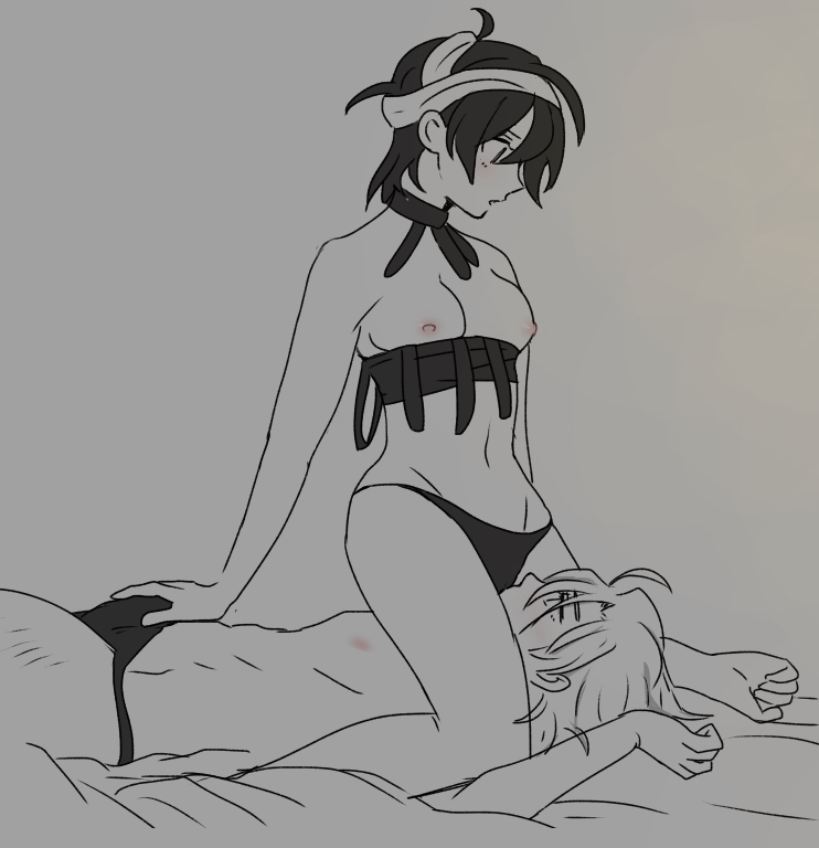 1boy, bed, black and white, blush, breasts, bulge, bulge grab, clothes pull, cowgirl position, cunnilingus, cunnilingus through clothes, facesitting, female, femdom, genderswap, genderswap (mtf), groping, groping crotch, hand on crotch, hand on penis, headband, jojo's bizarre adventure, laying down, male, midriff, morippi, narancia ghirga, nipples, oral, pannacotta fugo, penis, pinned down, rule 63, vento aureo