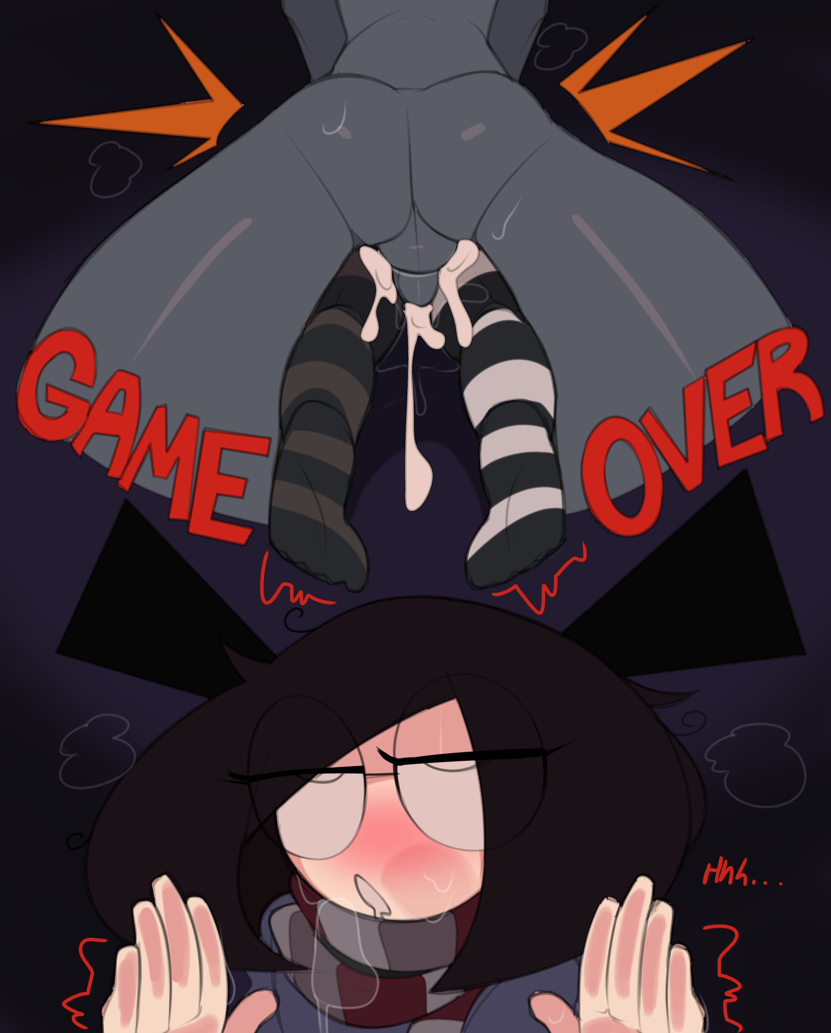 against glass, blush, box (captainkirb), box (character), captain kirb, cum, cum in pussy, cum inside, defeated, feet, female, game over, game over screen, hand on glass, kilobox (captainkirb), male, original, pussy, stockings, straight, striped legwear, the boxes (captainkirb)