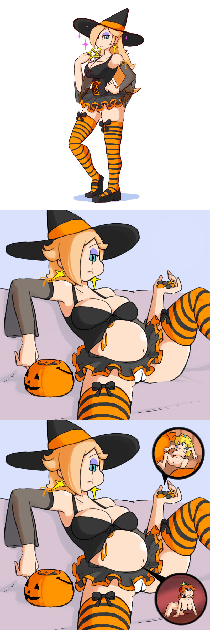 2019 2020 3girls big_belly big_breasts blonde_hair breasts clothed clothing costume devouring fupoo halloween huge_breasts large_breasts mario_(series) multiple_girls nintendo princess_daisy princess_peach princess_rosalina pumpkin pussy scared smug underwear vore