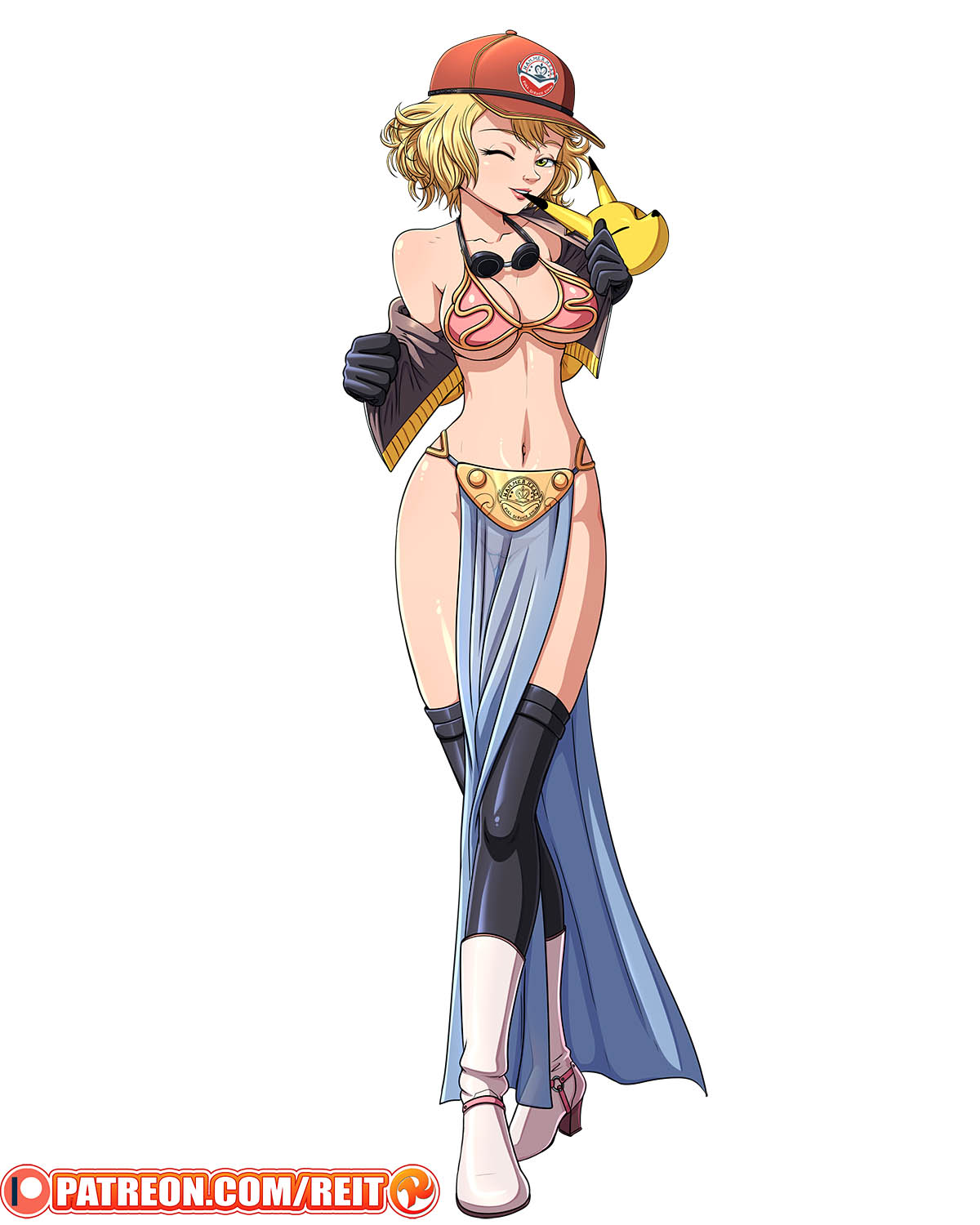 1girls, big breasts, black gloves, black legwear, black thighhighs, blonde hair, boots, breasts, cap, cindy aurum, cosplay, female, female only, final fantasy, final fantasy xv, gloves, green eyes, hat, keaton mask, legwear, looking at viewer, metal bikini, navel, patreon, pelvic curtain, reit, see-through, see-through loincloth, short hair, slave bikini, slave leia (cosplay), solo, star wars, thighhighs, white boots, wink