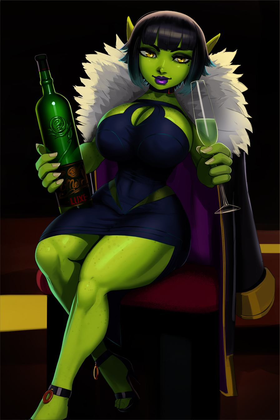 1girls, abs, aka6, bangs, beauty mark, big breasts, blue dress, bob cut, breasts, chair, champagne, champagne glass, choker, classy, cleavage, curvy, dress, drink, female, female only, glass, goblin, goblin female, green skin, heels, high heels, holding bottle, holding glass, holding object, hourglass figure, large breasts, looking at viewer, mole under eye, pointy ears, purple lipstick, short hair, shortstack, side slit, sitting, solo, stiletto heels, thick thighs, thighs, very high heels, wide hips, wine, wine bottle, yellow eyes