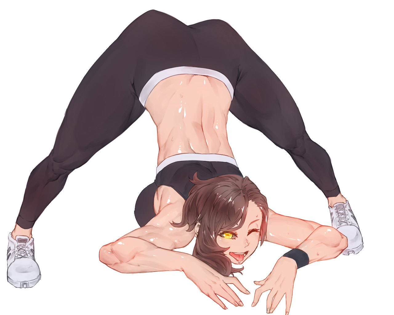 1girls, brown hair, female, head down ass up, jack-o pose, jackochallenge, leggings, legs apart, light skin, light-skinned female, minew, original, simple background, sports bra, sportswear, tongue, yellow eyes, yoga pants