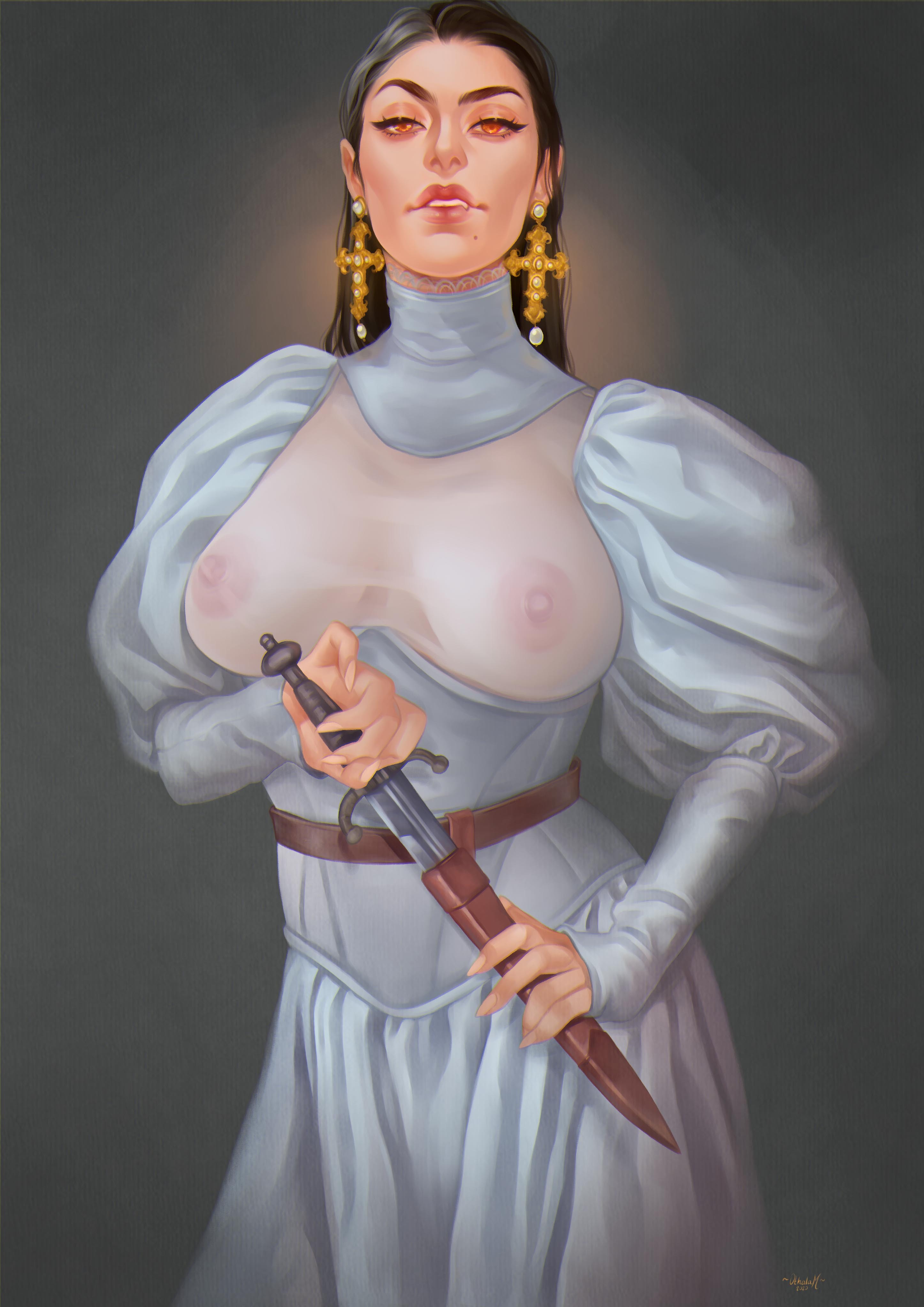 1girls, 2020, areolae, artist signature, big breasts, breasts, clothing, dagger, dress, earrings, female, female only, hair, highres, long nails, monster, monster girl, nipples, nipples visible through clothing, othalam, see-through, simple background, solo, vampire, verena (othalam), weapon