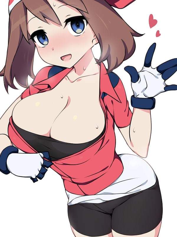 1girls, alternate breast size, bike shorts, blue eyes, breasts, brown hair, cleavage, eye contact, female, heart, heavy breathing, human, human only, kuro mushi, large breasts, looking at viewer, lowres, may (pokemon), nintendo, pokemon, pokemon oras, pokemon rse, solo, source request, sweat, sweating, thick thighs, wet, white background