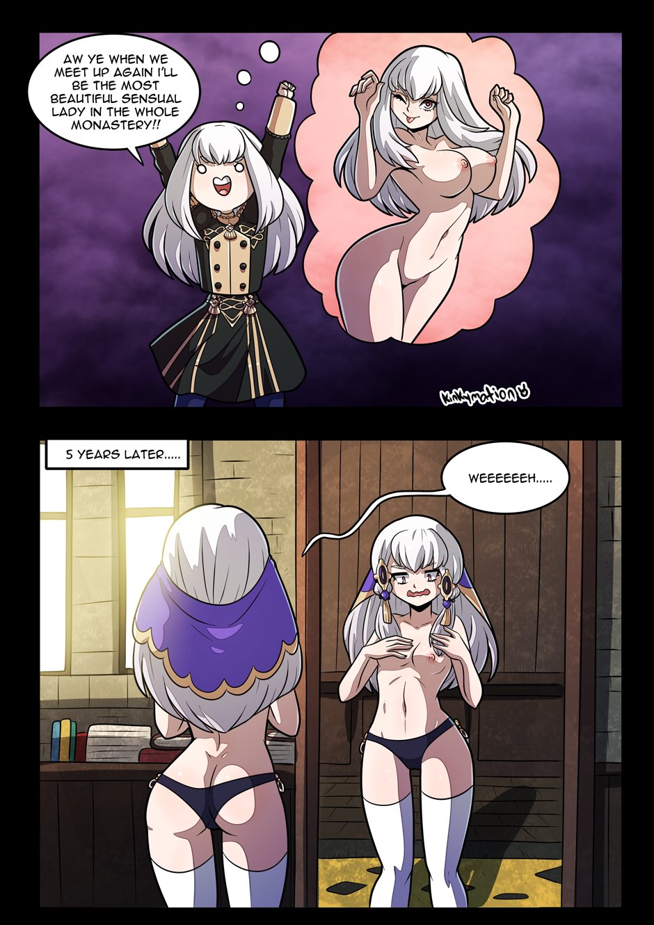 1girls, aged up, ass, black panties, breasts, dress, english text, female, fire emblem, fire emblem: three houses, hair ornament, humor, kinkymation, large ass, long hair, lysithea von ordelia, mirror, panties, sad, small breasts, stockings, text, thought bubble, white hair, white legwear