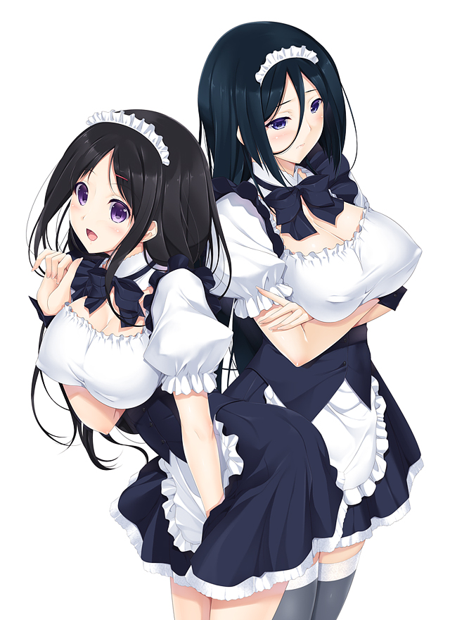 2girls arms_crossed bare_legs bending_over big_breasts black_hair blush chitanda_eru cleavage female_only hairband hairclip hyouka irisu_fuyumi long_hair maid_apron maid_headdress maid_outfit maid_uniform multiple_girls nipple_bulge purple_eyes ribbon zettai_ryouiki