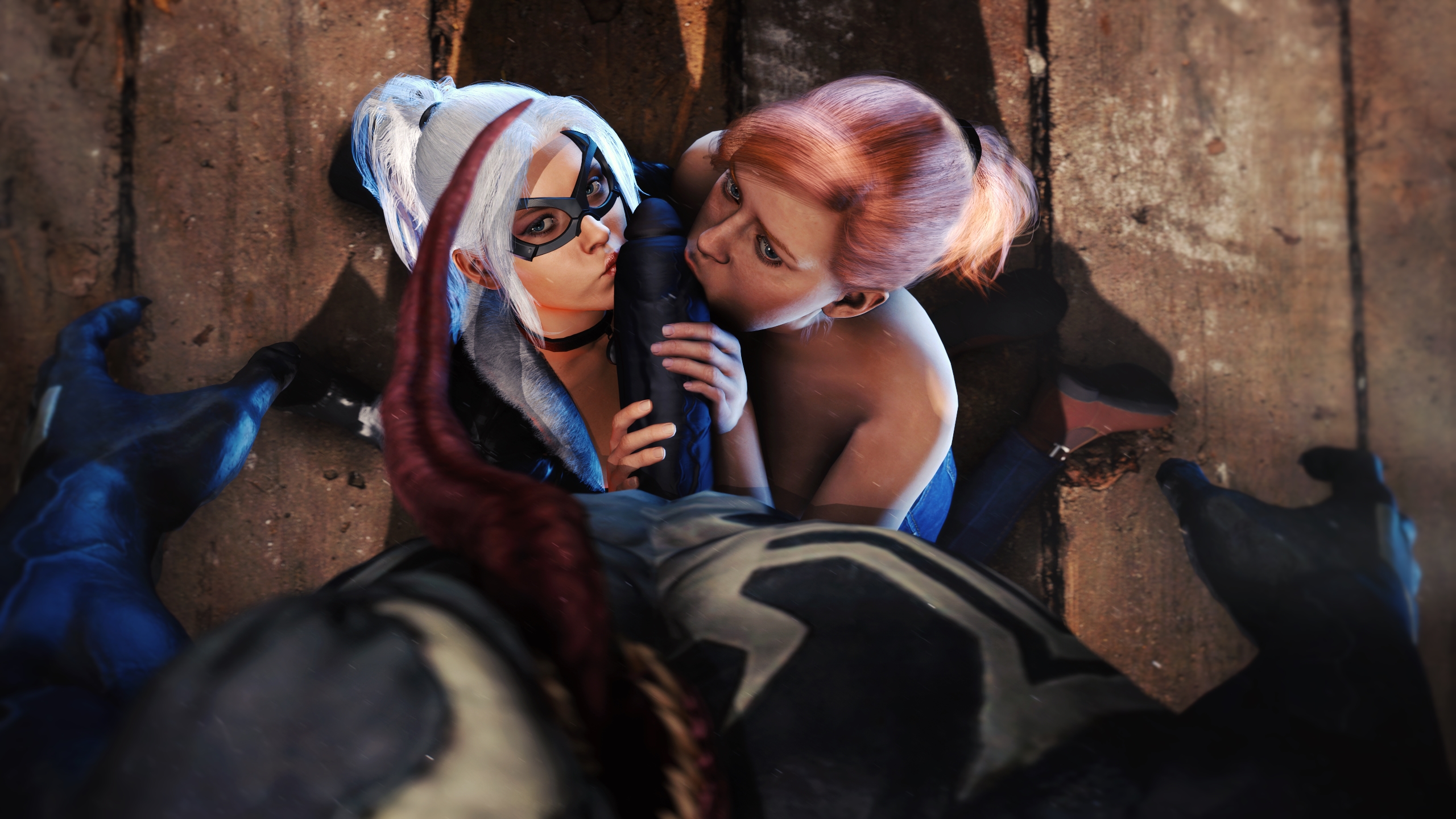 1boy, 2girls, 3d, alien, big penis, black cat (insomniac), black cat (marvel), black skin, breasts, cheating, cheating girlfriend, cheopsfm, cock worship, collaborative fellatio, double fellatio, felicia hardy, fellatio, female, huge cock, huge penis, human, insomniac games, interspecies, large penis, larger male, licking, light skin, light-skinned female, long tongue, looking at viewer, male, male pov, marvel, marvel comics, mary jane watson, mary jane watson (insomniac), multiple females, multiple girls, netorare, oral, penis, ponytail, pov, red hair, sex, size difference, smaller female, smooth skin, source request, spider-man (ps4), spider-man (series), standing, straight, symbiote, teamwork, threesome, tongue, tongue out, venom (marvel), villain, white hair