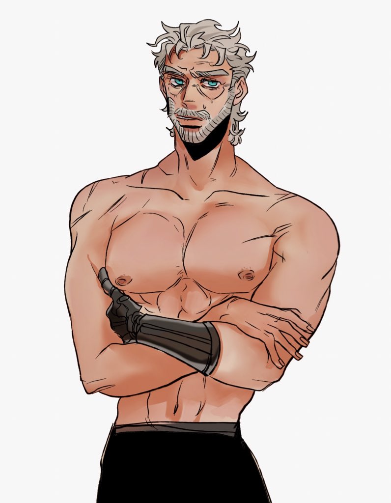 1boy arms_crossed beard big_pecs dilf gdilf gray_hair grey_hair jojo's_bizarre_adventure joseph_joestar male male_only mechanical_arm mechanical_hand moustache old_joseph old_man pecs prosthetic_arm prosthetic_hand prosthetic_limb solo solo_male stardust_crusaders topless turquoise_eyes viiiola_beet