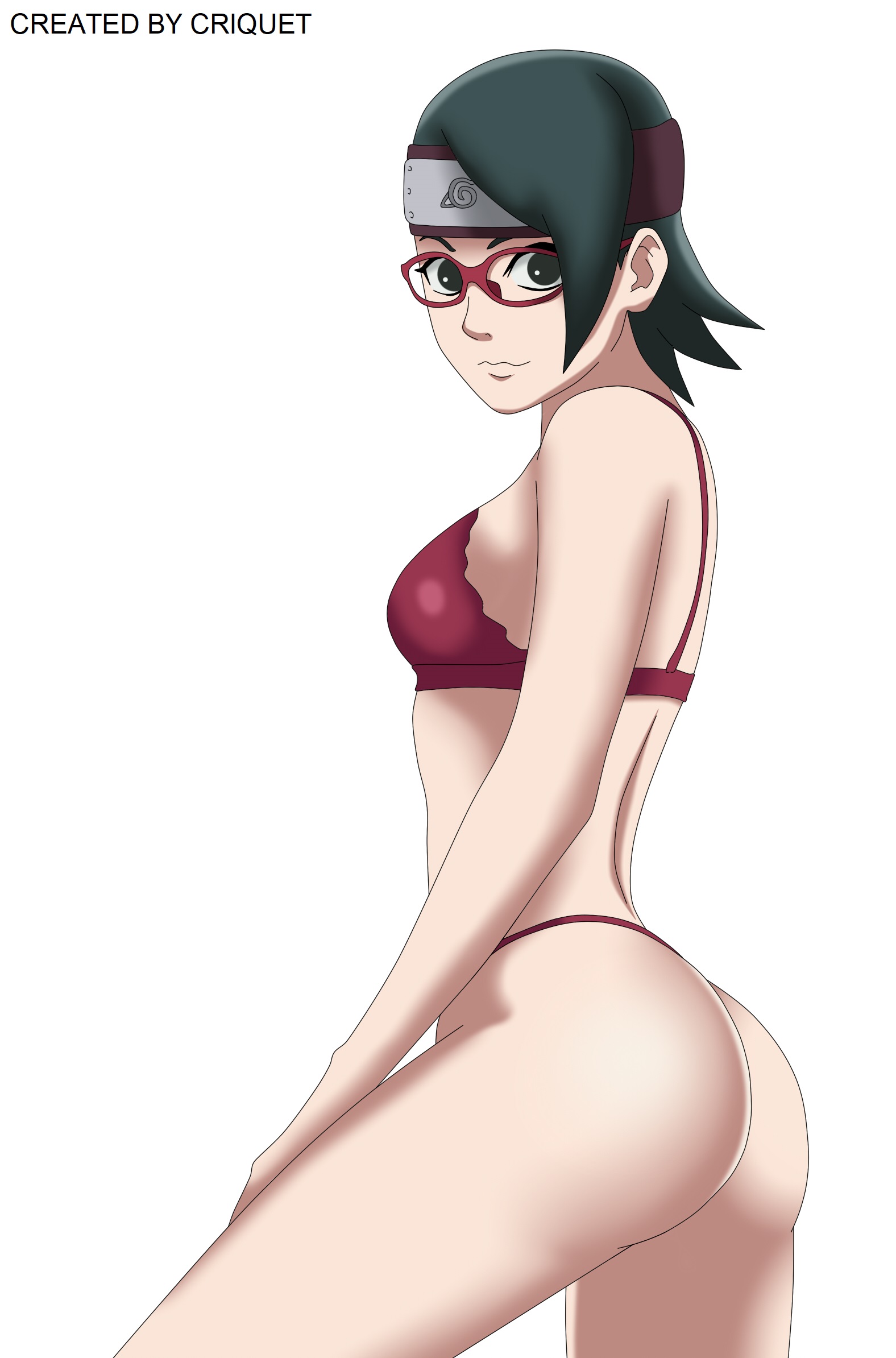 1girls, ass, black eyes, black hair, boruto: naruto next generations, criquet, female, female only, glasses, looking at viewer, naruto, naruto (series), sarada uchiha, short hair, simple background, solo, teenager, thong, white skin