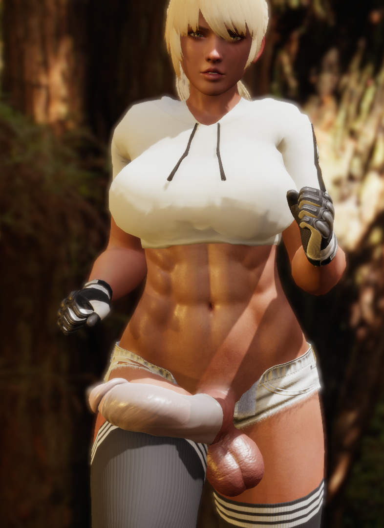 3d, abs, balls, blonde hair, dark skin, exercise, flaccid, futa only, futanari, huge cock, intersex, large balls, large penis, muscular, muscular futa, penis, sock on penis